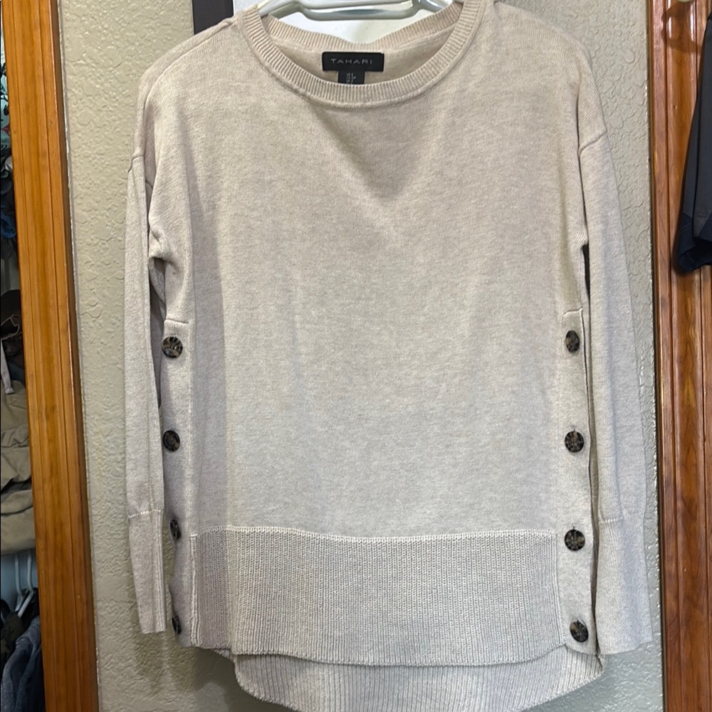 Tahari Cream Crew Neck Sweater with Button Accents